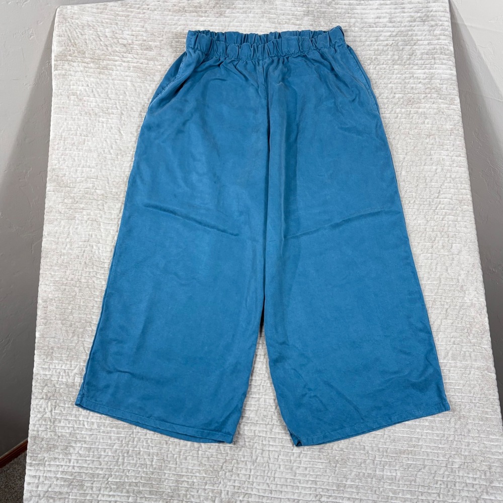 Bryn Walker Tencel Wide Leg Cropped Pants Blue Teal Elastic Waist M USA Made